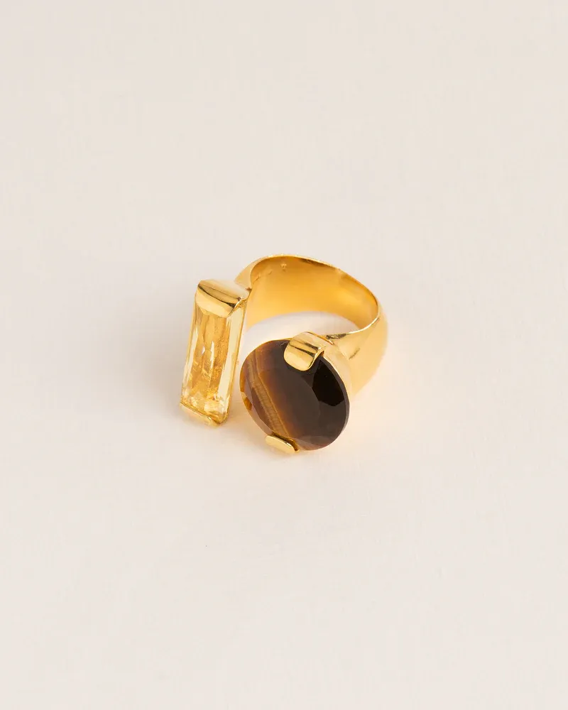 Statement ring with citrine crystal and tiger-eye in gold plated silver W&amp;H