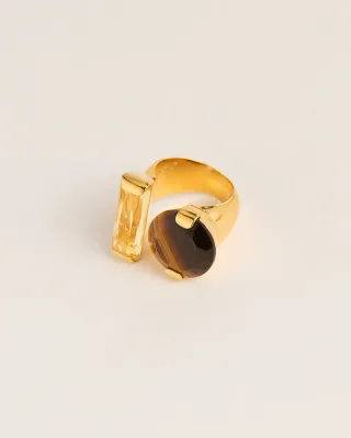 Statement ring with citrine crystal and tiger-eye in gold plated silver W&amp;H