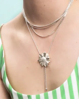 Layered chain necklace with statement daisy and dangling spheres W&amp;H
