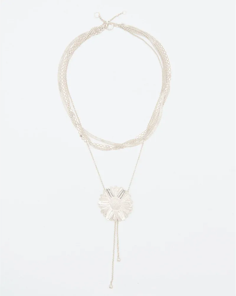 Layered chain necklace with statement daisy and dangling spheres W&amp;H