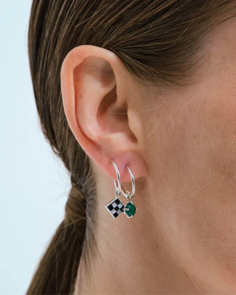 Trompe l&#39;oeil earrings with an onyx and mother of pearl mosaic and a green agate pendant Silver W&amp;H