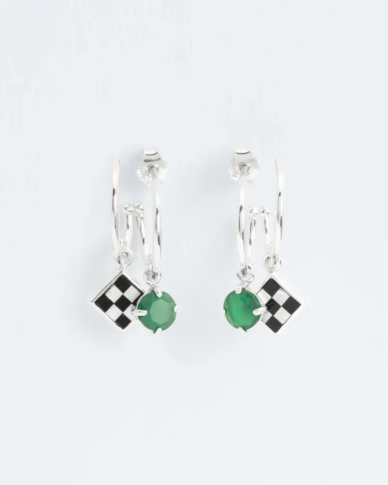 Trompe l'oeil earrings with an onyx and mother of pearl mosaic and a green agate pendant Silver W&amp;H