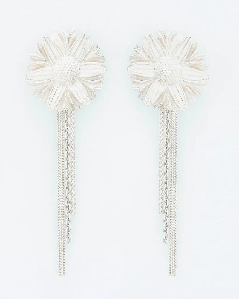 Statement clip earrings with daisy and falling chains Silver W&amp;H