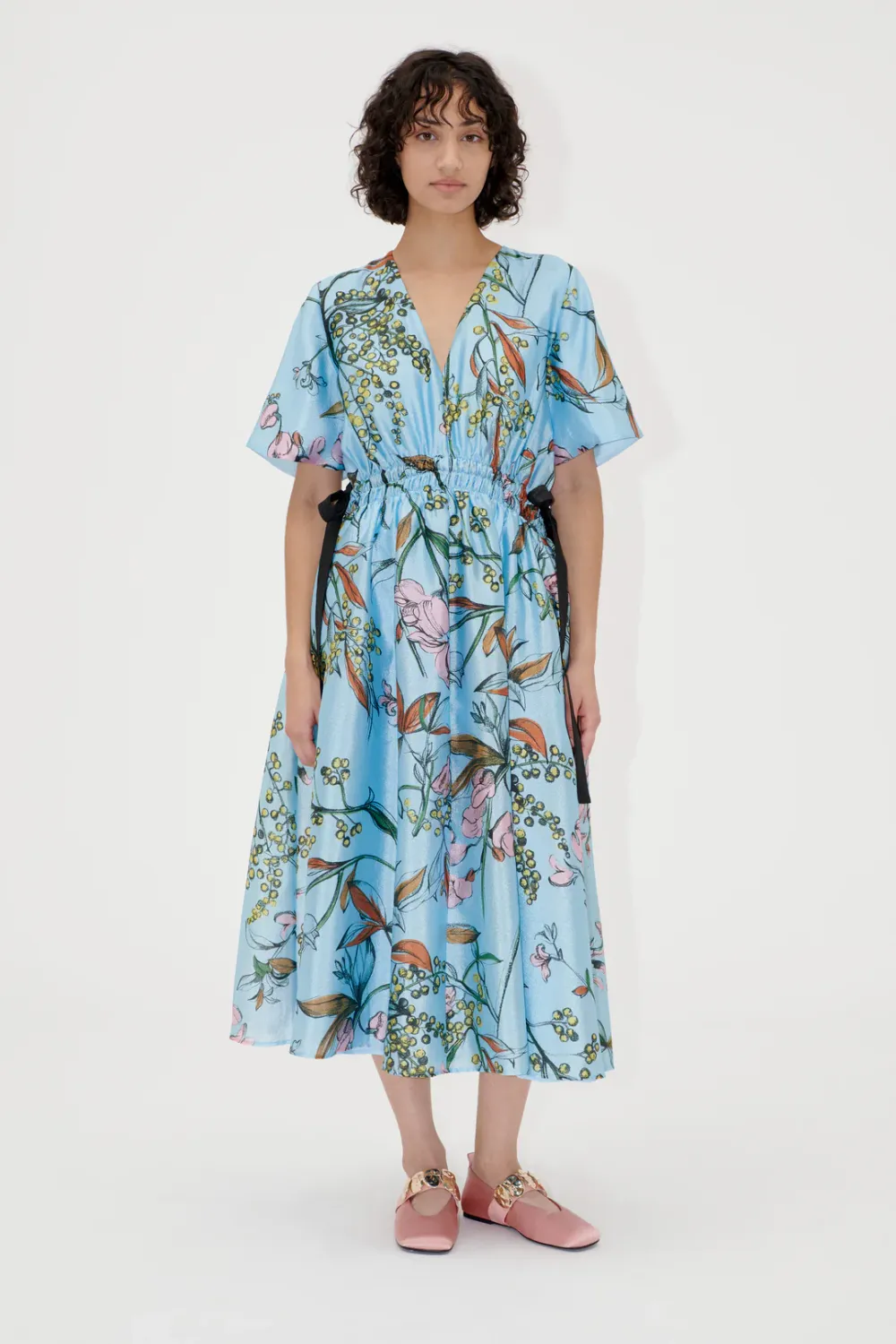 V-NECK WAIST TIE MIDI DRESS - spring mimosa STINE GOYA