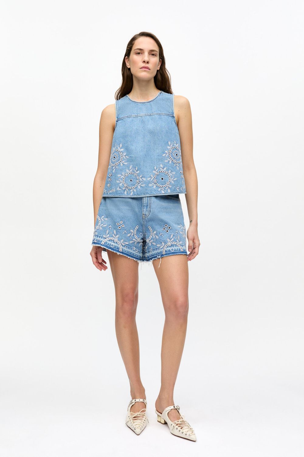 Broderie Anglaise Denim Shorts  GANNI