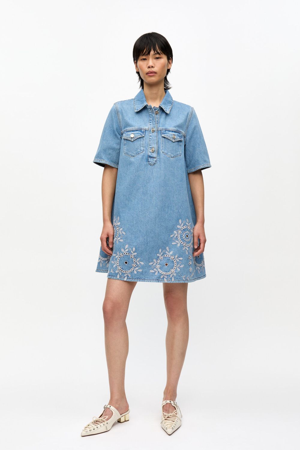Broderie Angelaise Denim Midi Dress  GANNI