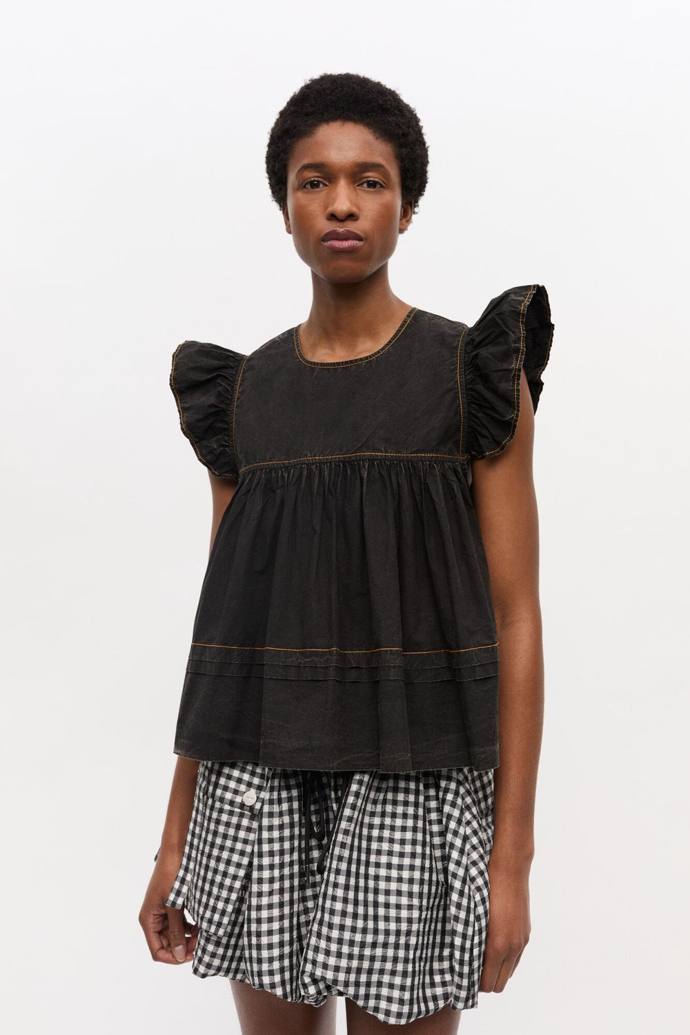 Garment Dyed Cotton Frill Sleeve Top
