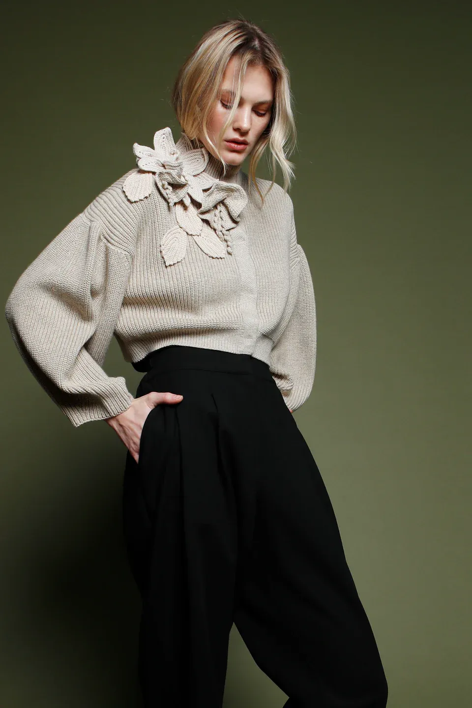 Funnel neck cardigan with bishop sleeves and knit floral detail PSOPHIA