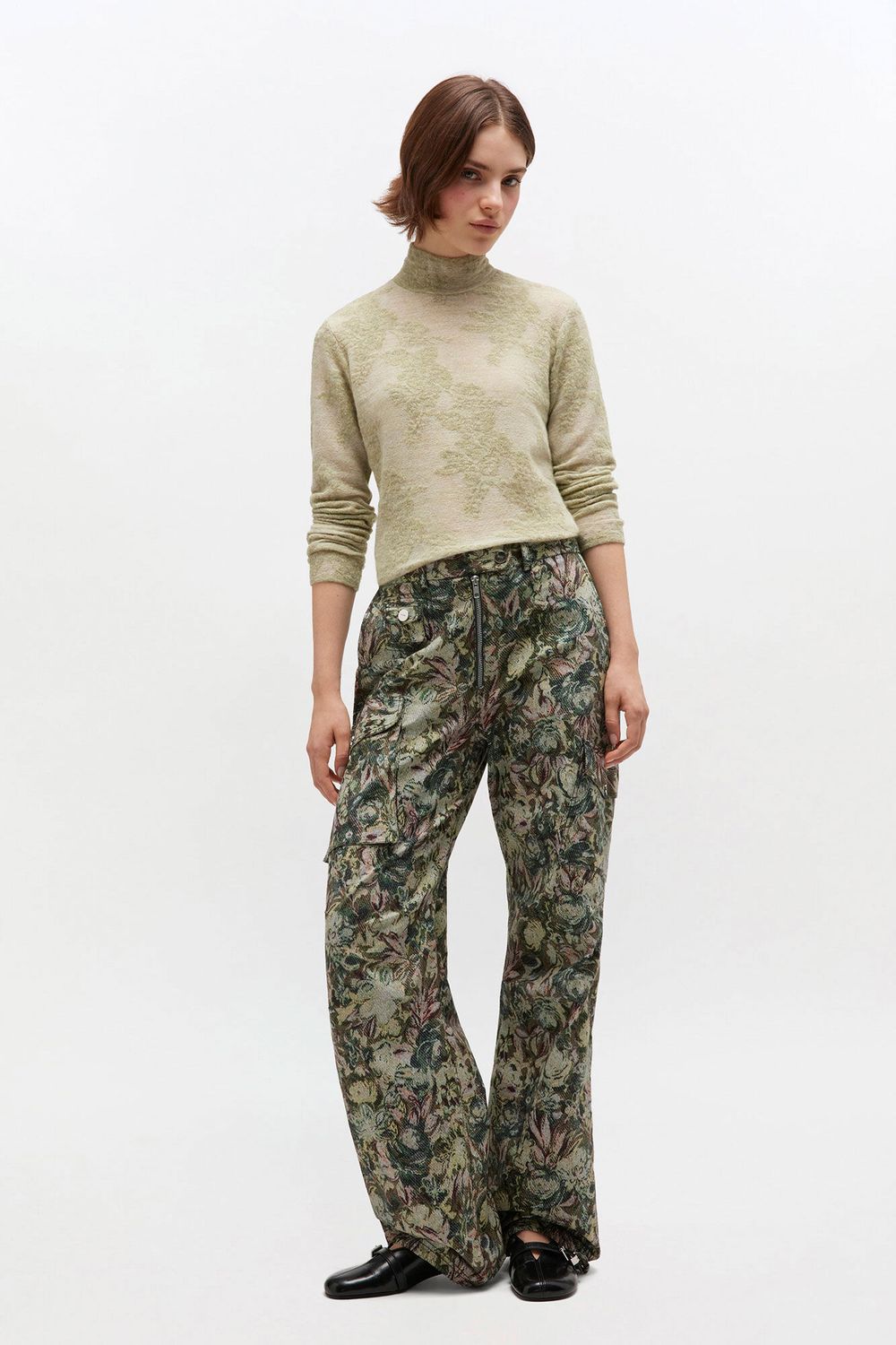 Sheer Flower Jacquard Mockneck - Olive GANNI