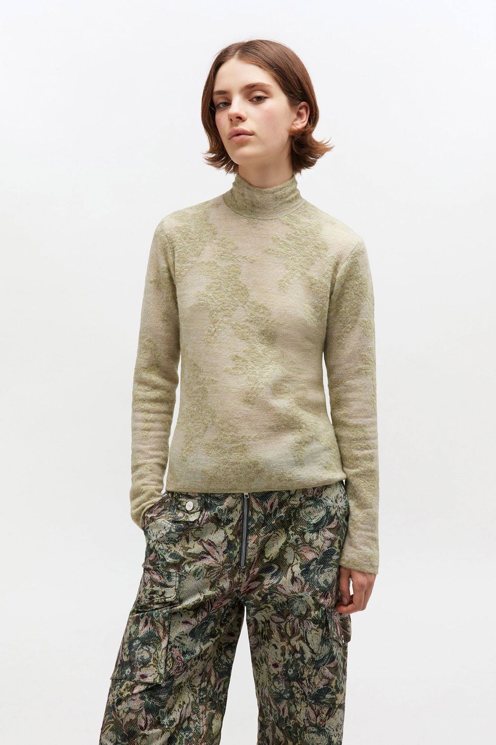 Sheer Flower Jacquard Mockneck - Olive GANNI