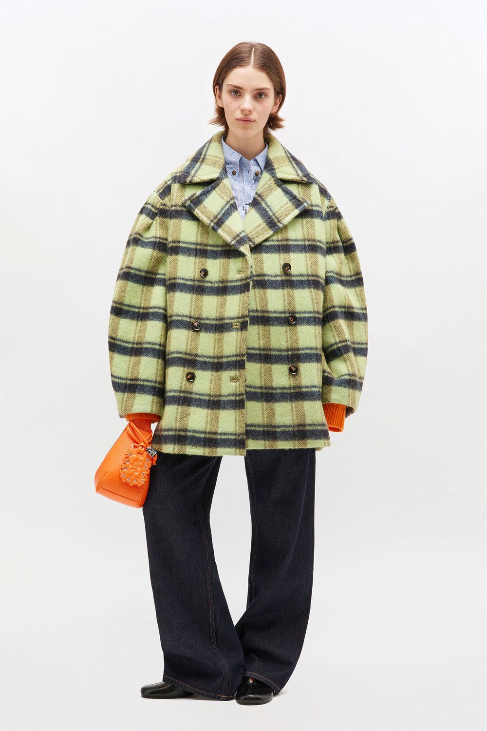 Brushed Wool Check Midi Coat GANNI