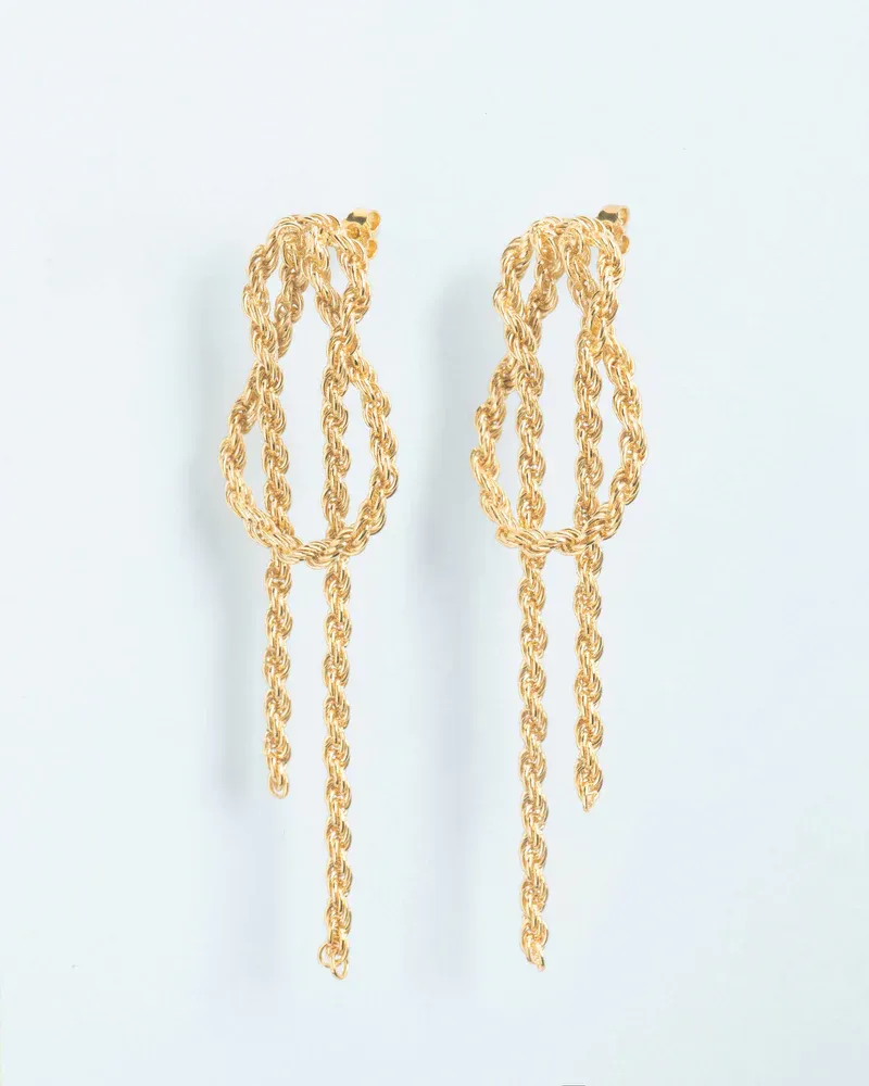Bowline on a bight stud earrings with dangling chains - gold plated silver  WOUTERS &amp; HENDRIX