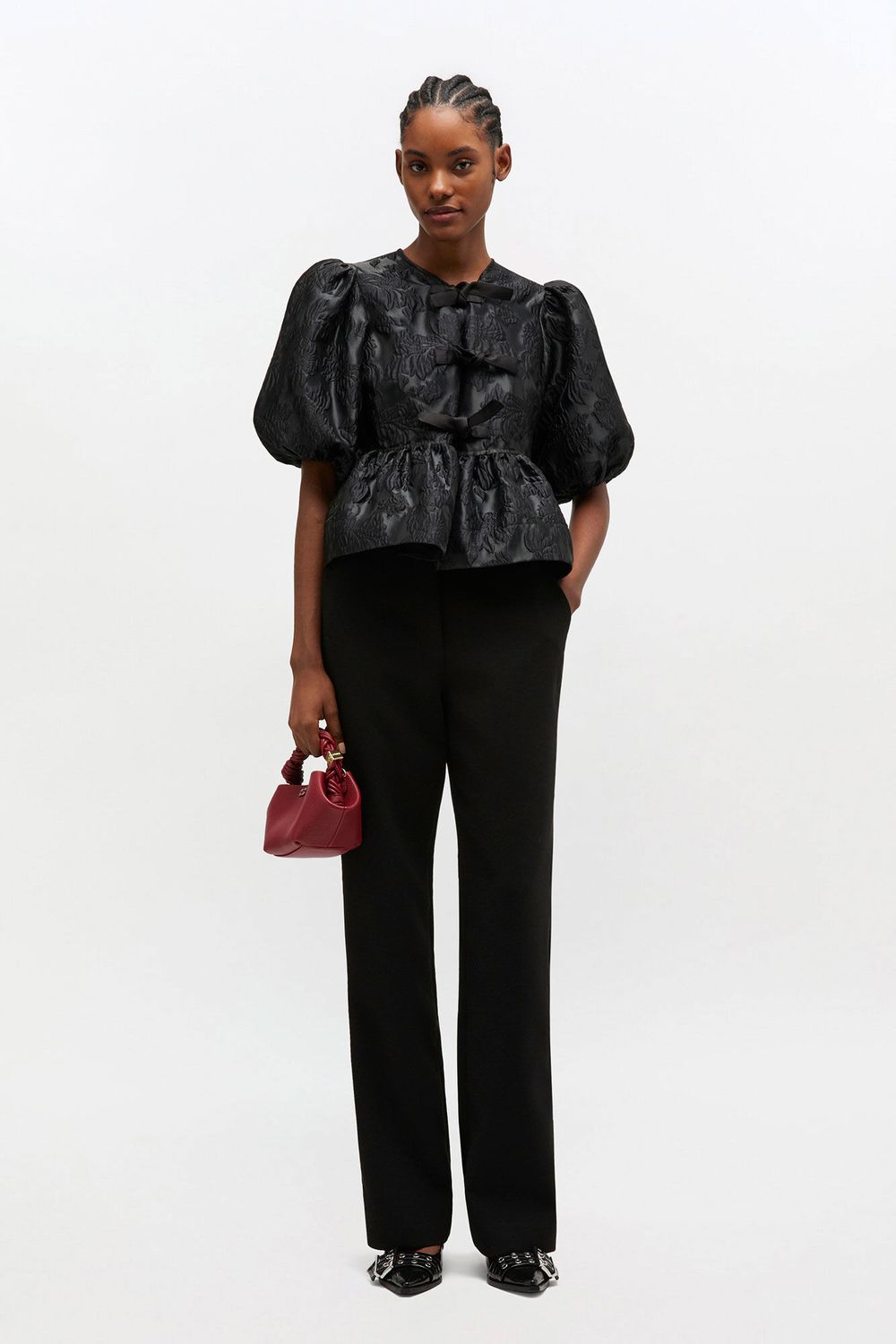 Satin Cloque Peplum Blouse - Black GANNI