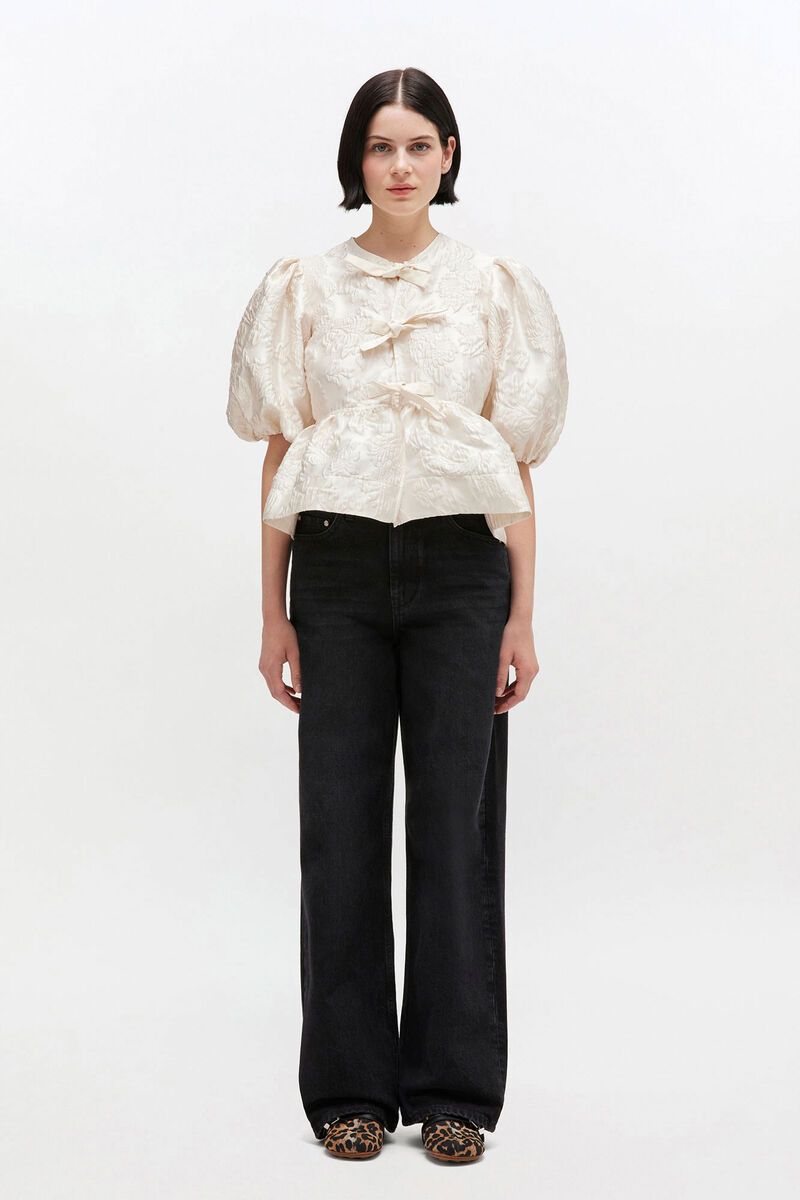 Satin Cloque Peplum Blouse - Egret GANNI