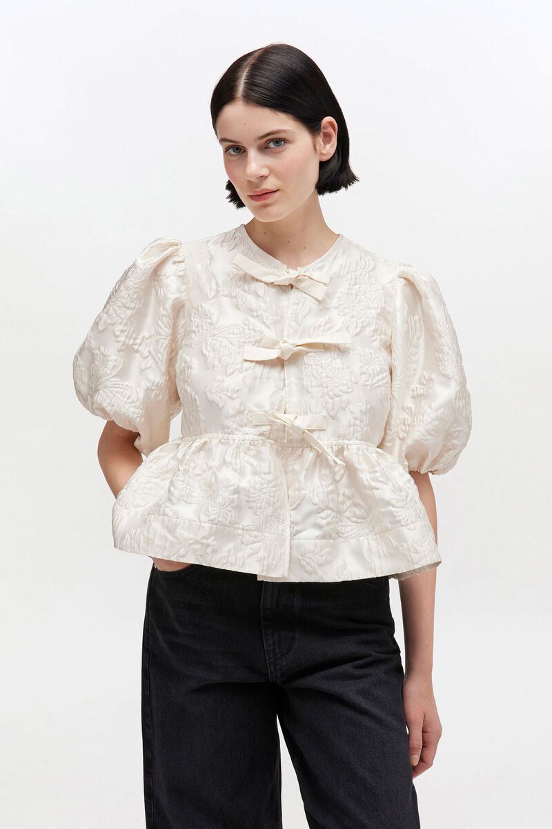 Satin Cloque Peplum Blouse - Egret GANNI