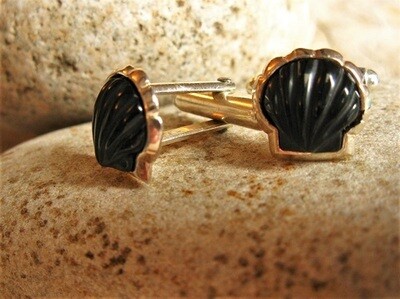 Scallop shell cufflinks ~ silver + hand-carved jet
