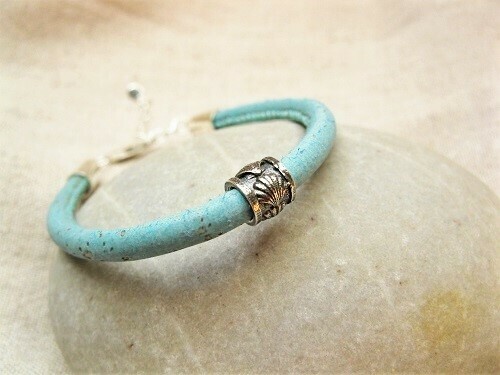Camino de Santiago bracelet - 925 silver scallop shell bead + aqua cork