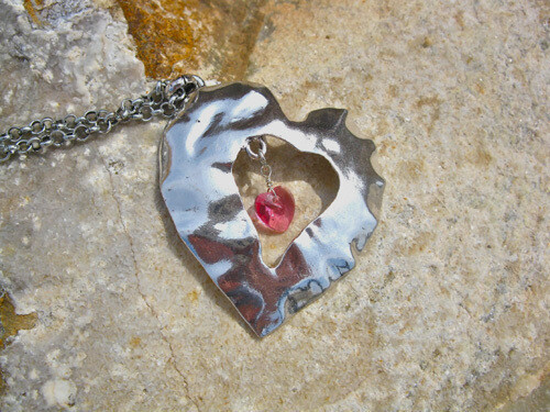 Hammered heart necklace + birthstone crystal