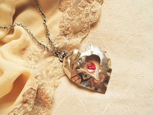 Hammered heart necklace + birthstone crystal