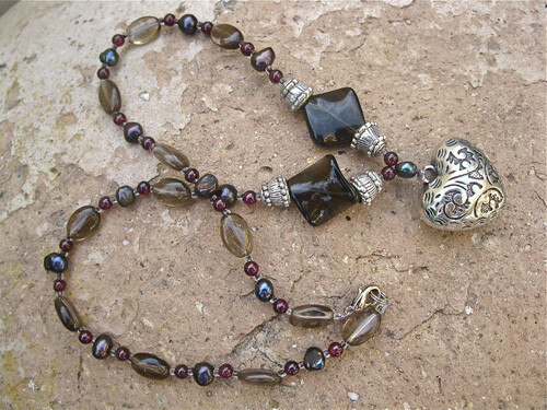 Smokey Quartz, Pearl + Garnet necklace with Heart