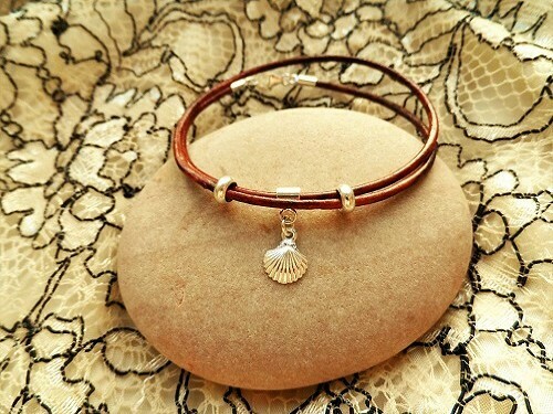 Camino de Santiago bracelet -  leather wraparound + 925 silver scallop shell bead