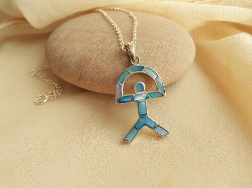 Indalo Man necklace for wellness and luck, silver, mother-of-pearl, large blue