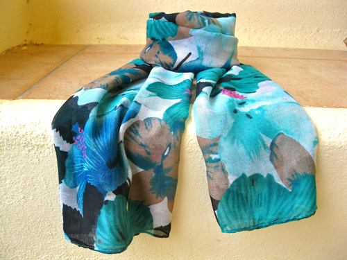 Lovely lily flower scarf ~ jade & blue