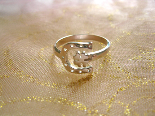 Horseshoe + clover ring ~ adjustable, silver