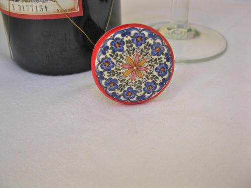 Spanish ceramic wine stoppers ~ floral series 2, Choose design: RED rim blue/gold flowers