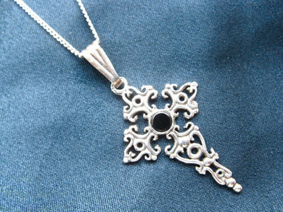 St James cross necklace ~ silver filigree + jet