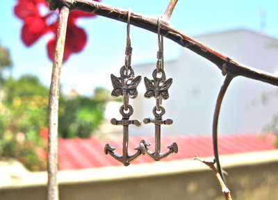 Anchor earrings with butterfly ~ silver
