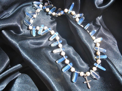 Moonstone + pearl necklace with cross