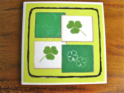 Lucky clover + shamrock tile coaster ~ green
