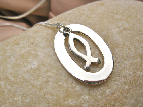 Christian fish necklace ~ oval, silver