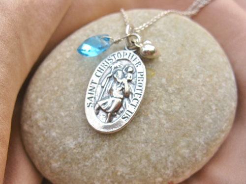 A unique and special 3-part St Christopher necklace especially for your loved one, shown here with aquamarine birthstone crystal heart (birthstone of March)