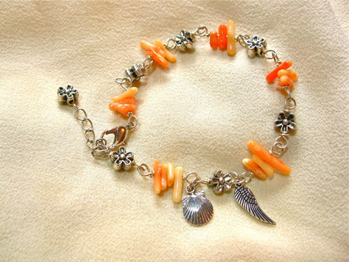 Coral travel bracelet with concha + angel wing