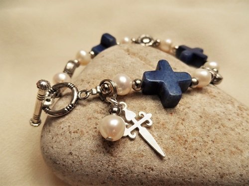 St James cross bracelet ~ sodalite + pearl