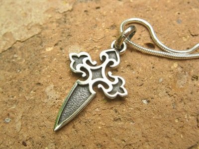 Santiago Camino cross necklace ~ two-tone fretwork, silver