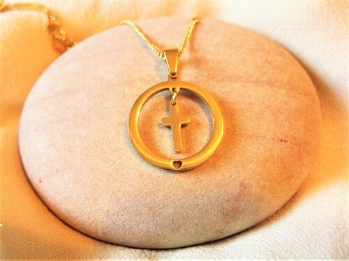 Christian cross in circle necklace for care and guidance, Choose metal colour: Gold plated stainless steel