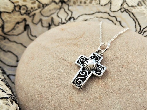 Filigree cross with scallop shell ~ small, silver