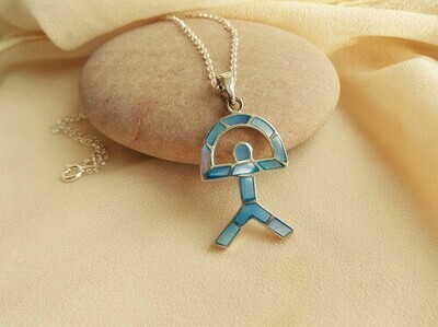 Indalo Man necklace for wellness and luck, silver, mother-of-pearl, large blue