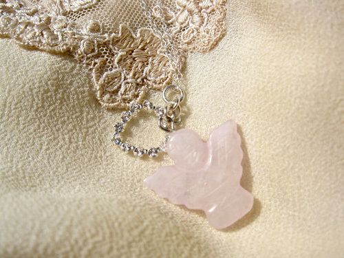 PALE pink guardian angel necklace with crystal heart