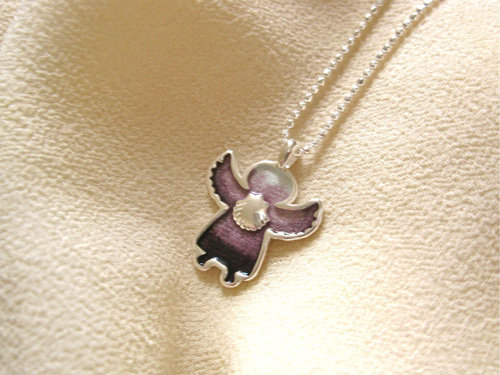 Angel charm necklace - guardian angel with scallop shell + Tau cross, Choose colour of angel: Purple angelito