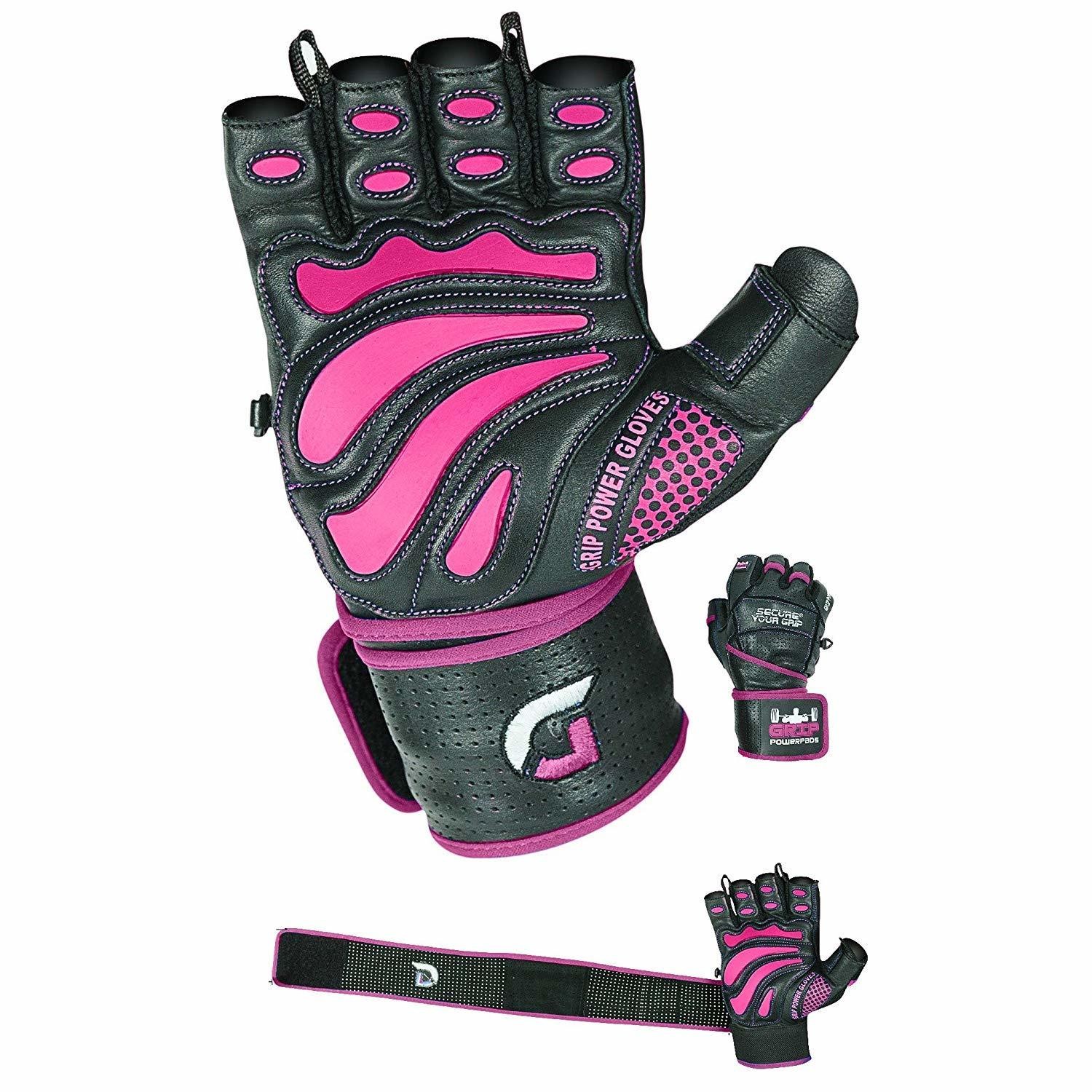 Women Elite Leather Gym Gloves with Built in 2&quot; Wide Wrist Wraps Design for Weight Lifting, Power Lifting, Bodybuilding &amp; Strength Training Workout Exercises