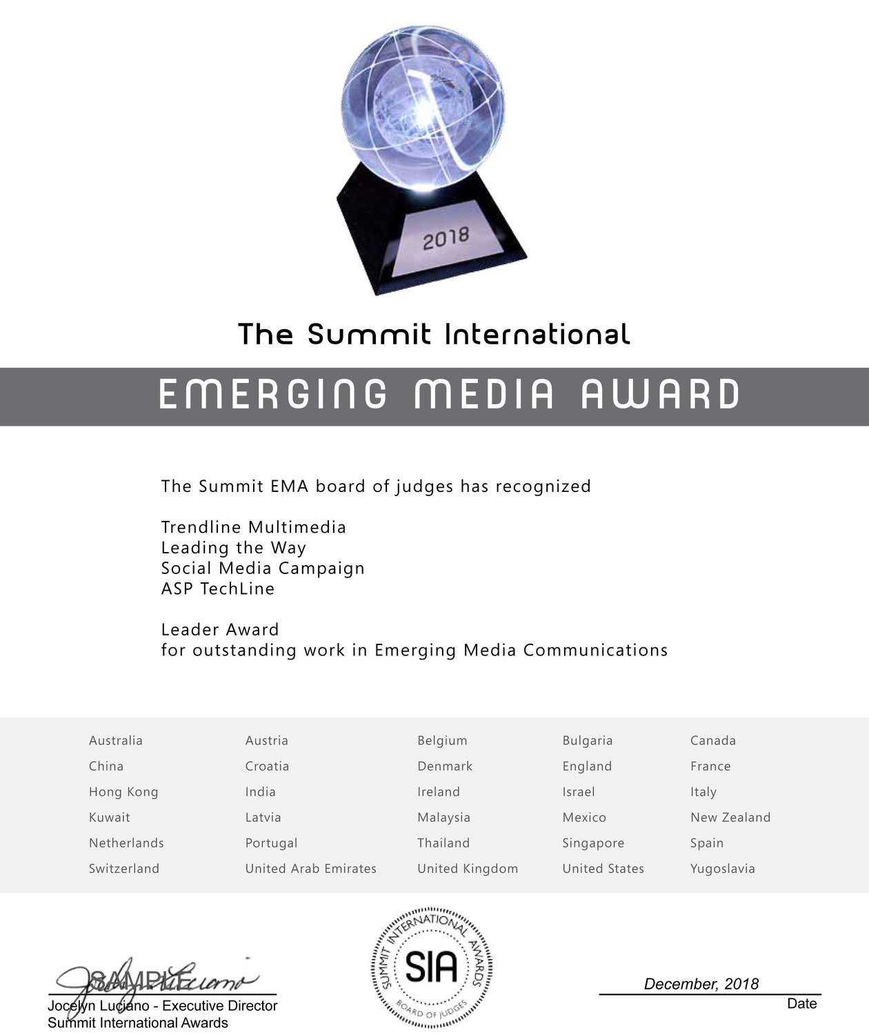 Emerging Media Award Certificate Emerging Media Award Certificate