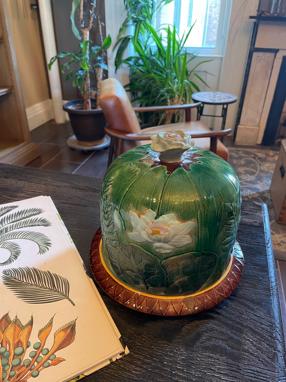 Holdcroft Majolica Pond Lily Cheese Dome and Stand