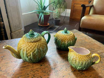 English Majolica Pineapple Pattern🍍 Tea Set c.1880s 3pcs