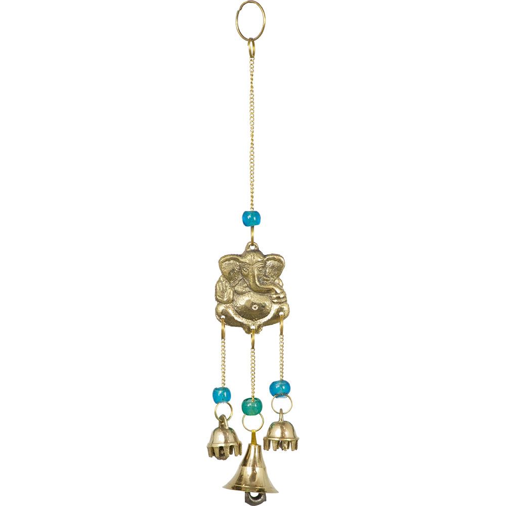Brass Ganesh Bell Chime with Blue Beads | 10"