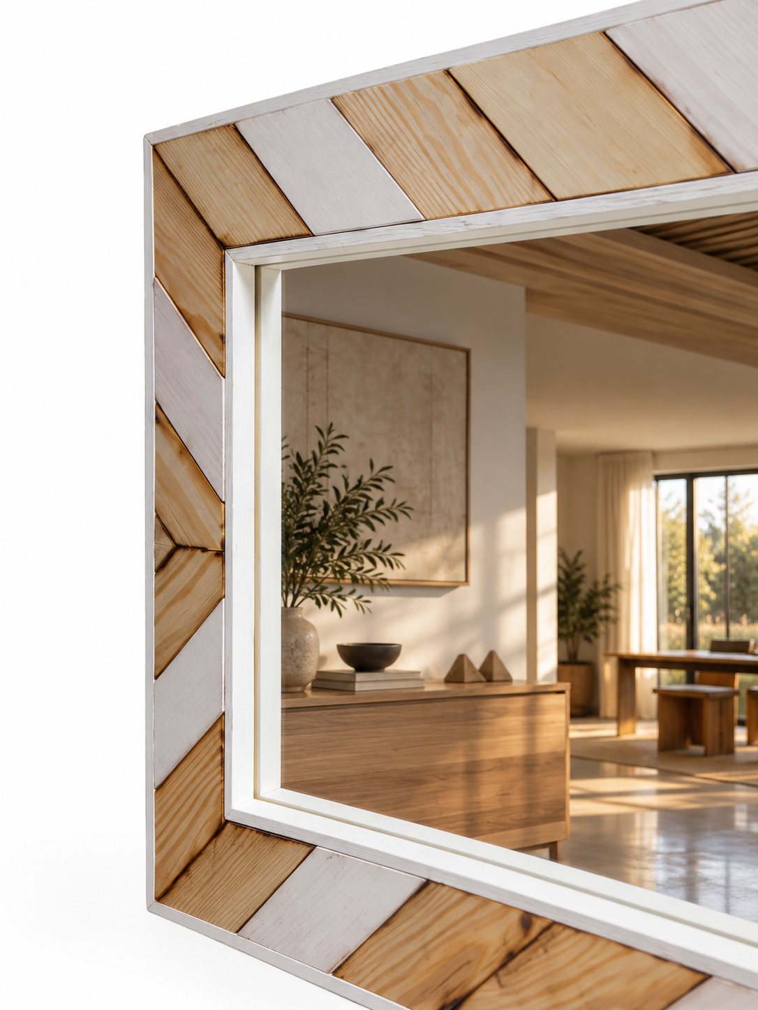VALDIS: Espejo de madera natural diseño geométrico en espiga
