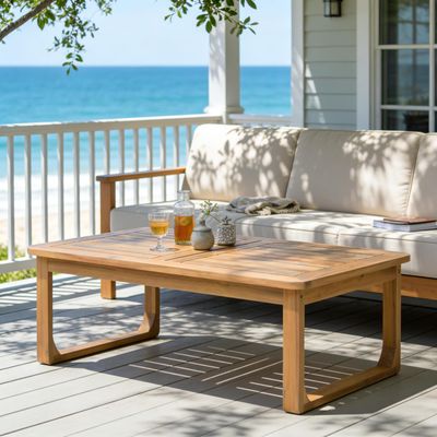 Acacia coffee table on a covered porch beside the sea.
